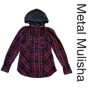 Metal Mulisha Black and Pink Plaid Hoodie Button Up Long Sleeve Top